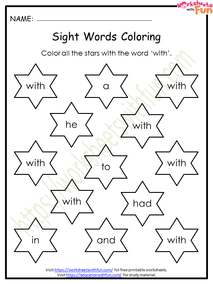 Course English General Preschool Topic Sight Word Coloring Worksheets